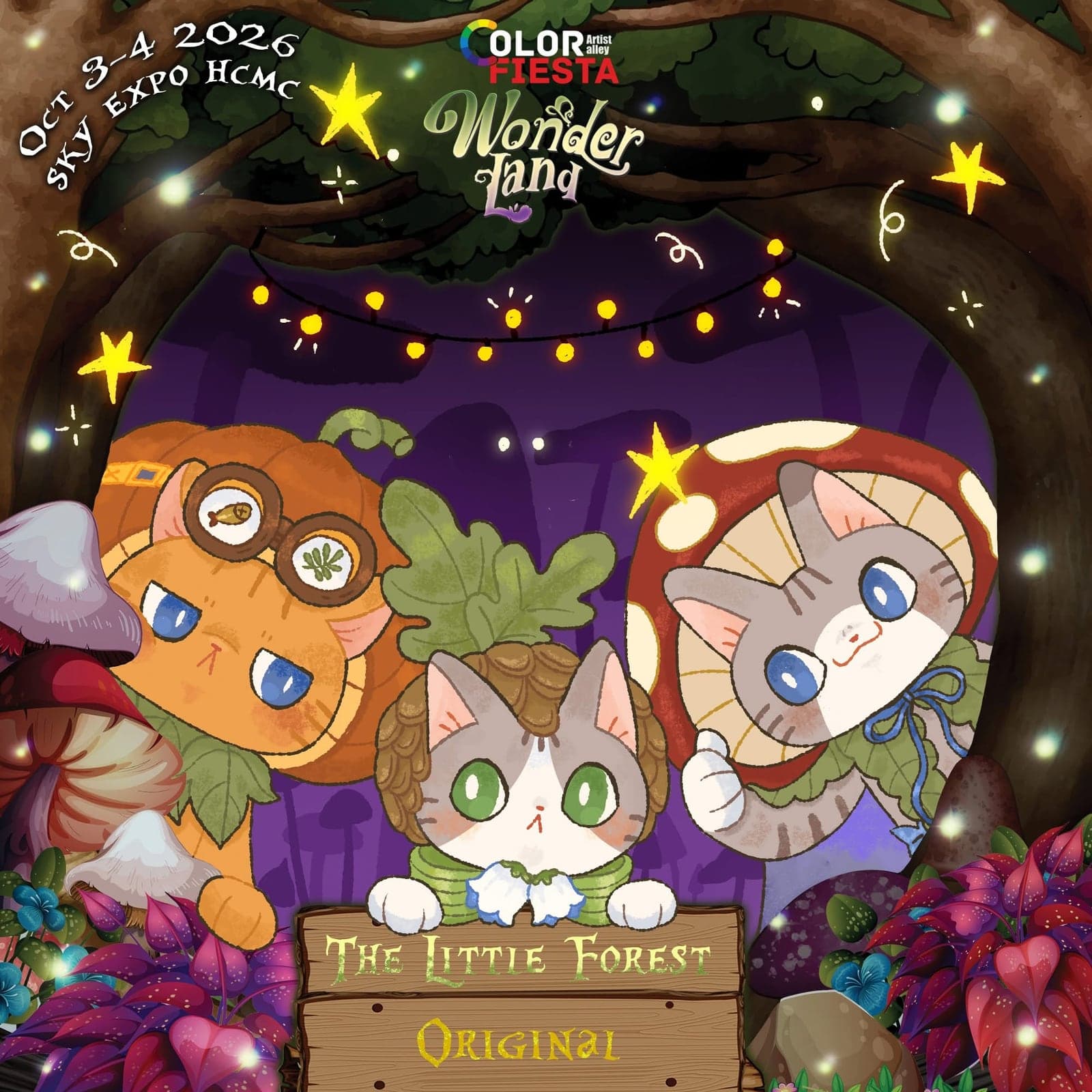 Poster Little Forest tại Color Fiesta Artist Alley: Wonderland, 3–4/10/2026, SKY EXPO TP.HCM. Ba chú mèo đội mũ bí ngô, quả sồi và nấm trong khu rừng đêm.